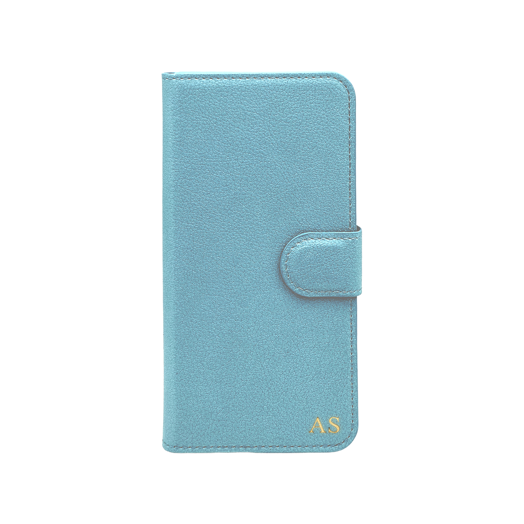 Personalised leather wallet iPhone case in Light Blue with gold embossed initials