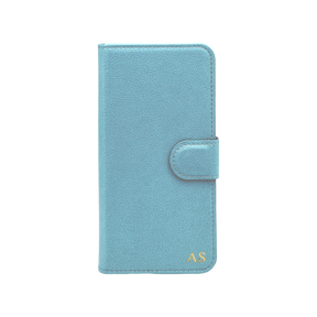 Personalised leather wallet iPhone case in Light Blue with gold embossed initials