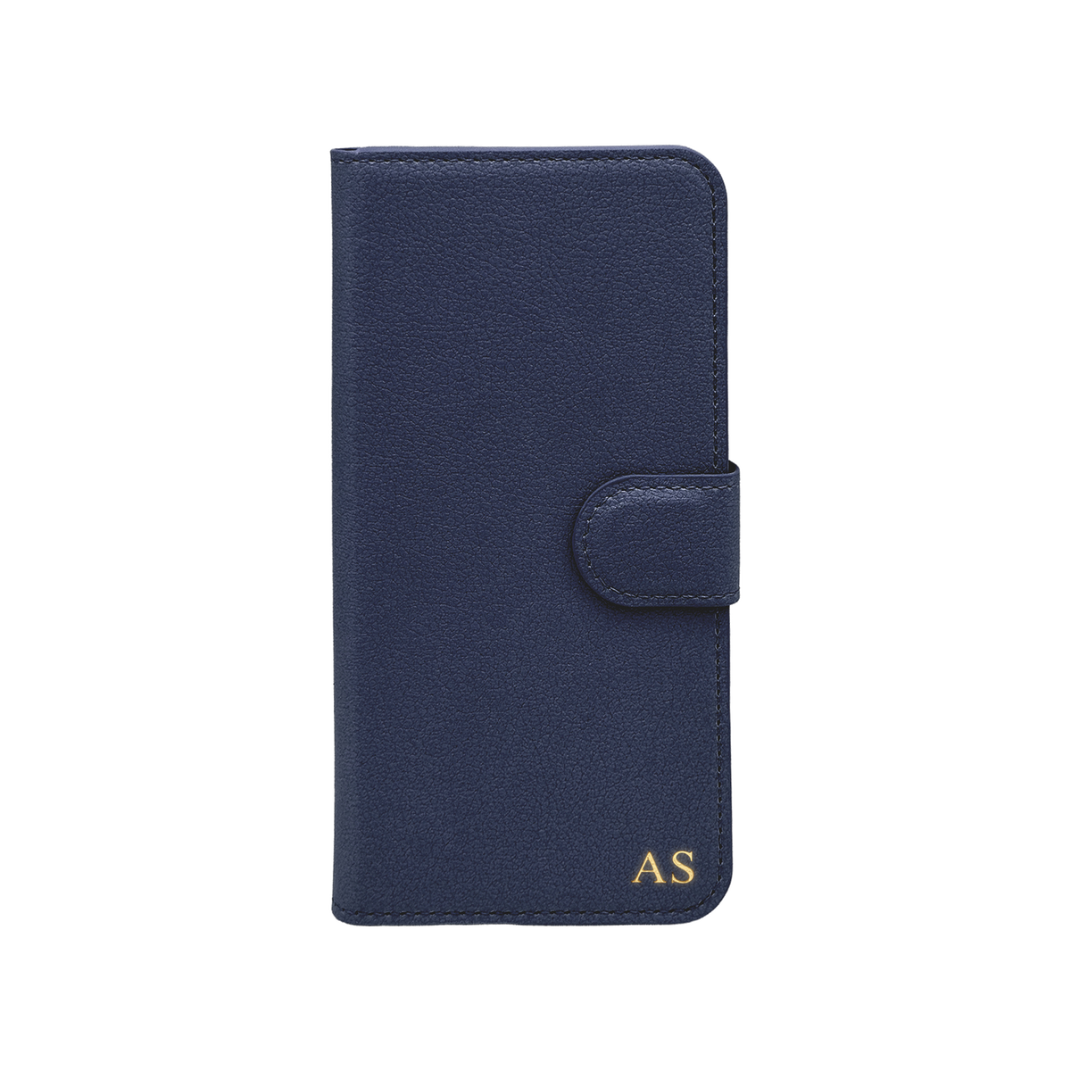 Personalised leather wallet iPhone case in Navy Blue with gold embossed initials