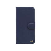 Personalised leather wallet iPhone case in Navy Blue with gold embossed initials