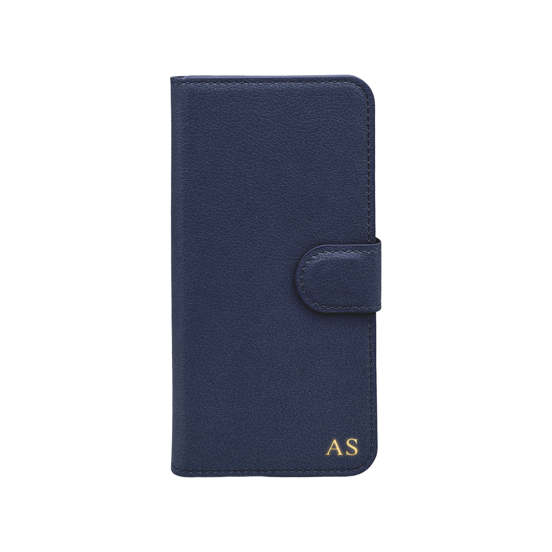 Personalised leather wallet iPhone case in Navy Blue with gold embossed initials