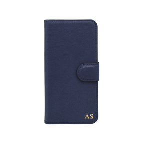 Personalised leather wallet iPhone case in Navy Blue with gold embossed initials