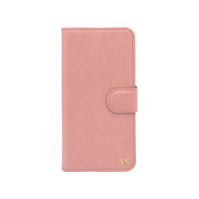 Personalised leather wallet iPhone case in Pink with gold embossed initials