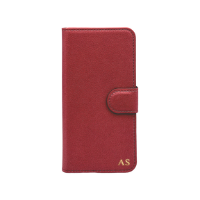 Personalised leather wallet iPhone case in Red with gold embossed initials