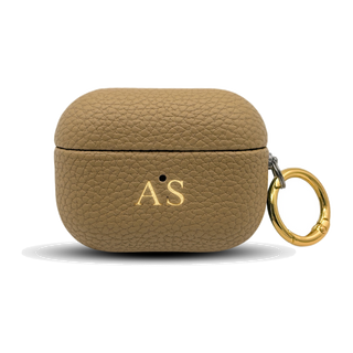 Personalised leather AirPods case in Beige with gold embossed initials