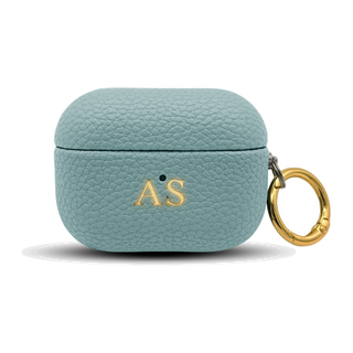 Personalised leather AirPods case in Light Blue with gold embossed initials