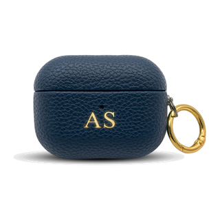 Personalised leather AirPods case in Navy Blue with gold embossed initials