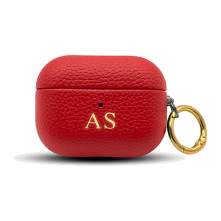 Personalised leather AirPods case in Red with gold embossed initials