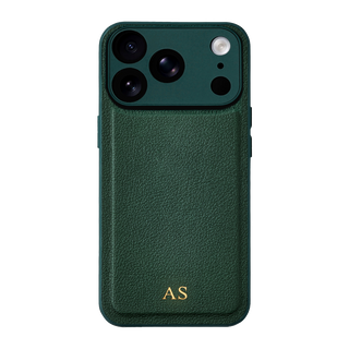 Personalised leather iPhone case in Green with gold embossed initials