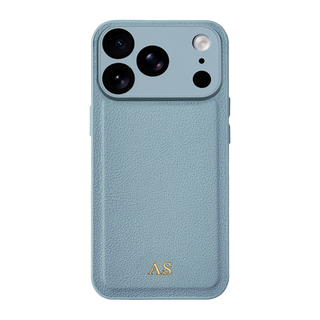 Personalised leather iPhone case in Light Blue with gold embossed initials