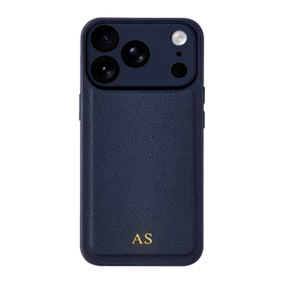 Personalised leather iPhone case in Navy Blue with gold embossed initials