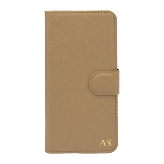 Personalised leather wallet iPhone case in Beige with gold embossed initials