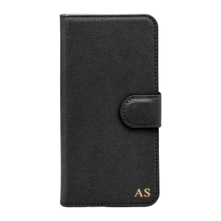 Personalised leather wallet iPhone case in Black with gold embossed initials