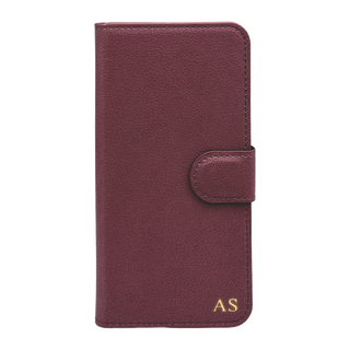Personalised leather wallet iPhone case in Burgundy with gold embossed initials
