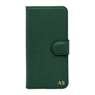 Personalised leather wallet iPhone case in Green with gold embossed initials