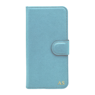 Personalised leather wallet iPhone case in Light Blue with gold embossed initials