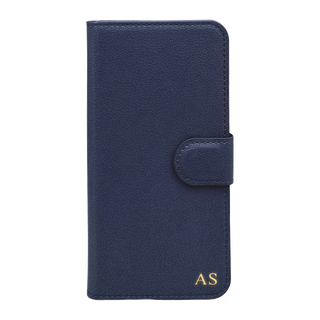 Personalised leather wallet iPhone case in Navy Blue with gold embossed initials