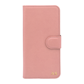 Personalised leather wallet iPhone case in Pink with gold embossed initials