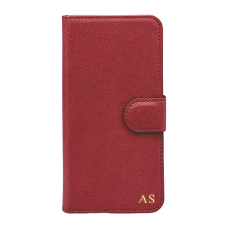 Personalised leather wallet iPhone case in Red with gold embossed initials