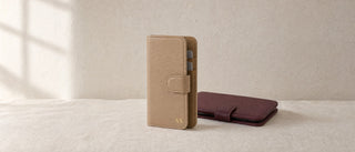 Beige and burgundy personalised leather wallet iPhone cases with card slots and gold initials
