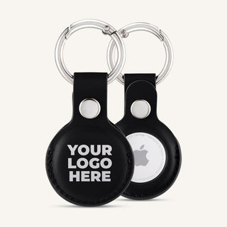 Black AirTag holder with a printed logo