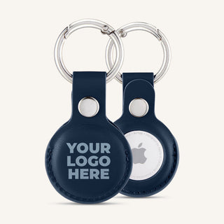 Blue AirTag holder with a printed logo