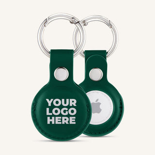 Green AirTag holder with a printed logo