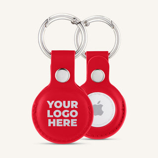 Red AirTag holder with a printed logo
