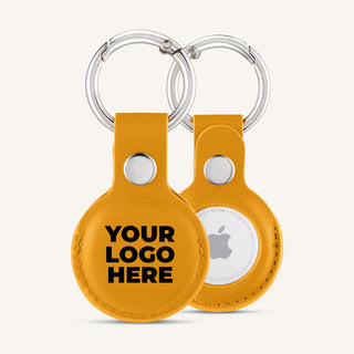 Yellow AirTag holder with a printed logo