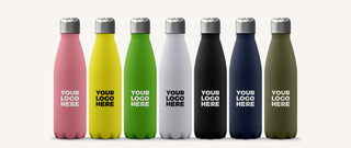 Seven insulated bottles in a row with a printed logo