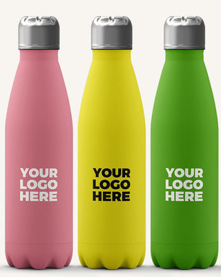 Three insulated bottles in pink, yellow and green with a printed logo