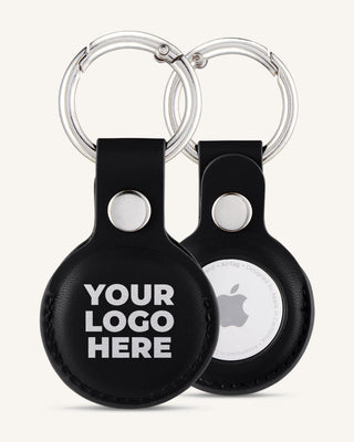 Black AirTag holder with a printed logo, front and back