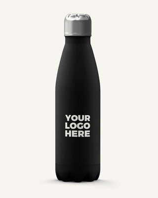 Black insulated bottle with a printed logo