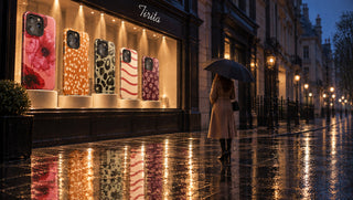 Tirita boutique window at dusk with five giant phone cases displayed like mannequins
