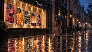 Tirita shop window at dusk with five giant Tough phone cases on display