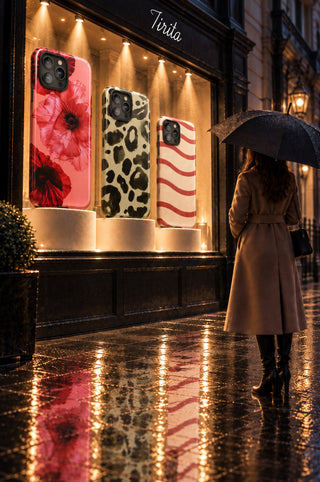 Tirita boutique window at dusk with three giant phone cases displayed like mannequins