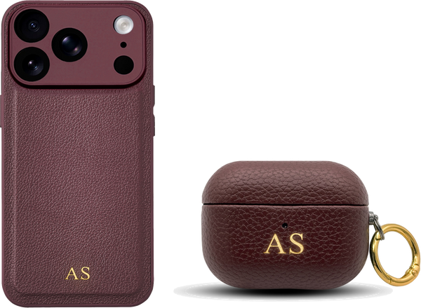 Burgundy iPhone case and AirPods case set