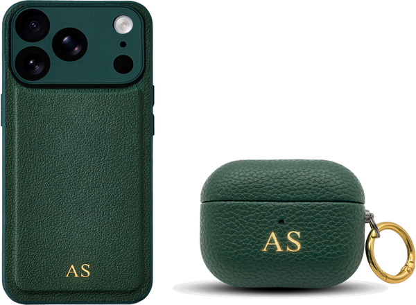 Green iPhone case and AirPods case set