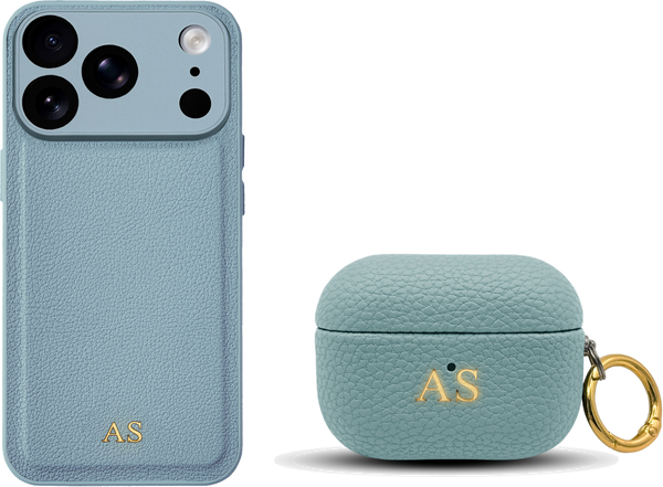 Light Blue iPhone case and AirPods case set