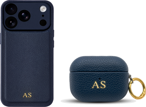 Navy Blue iPhone case and AirPods case set