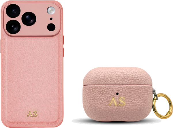 Pink iPhone case and AirPods case set