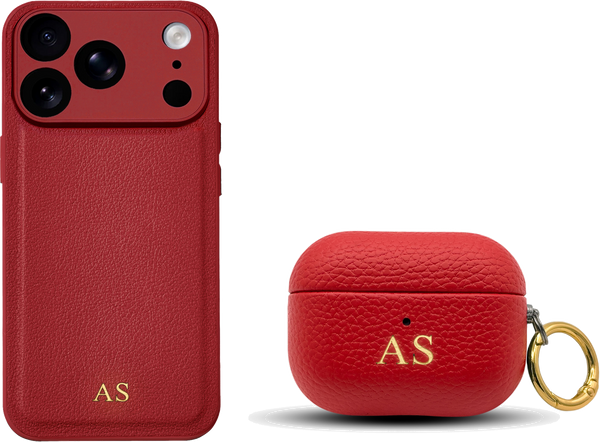 Red iPhone case and AirPods case set