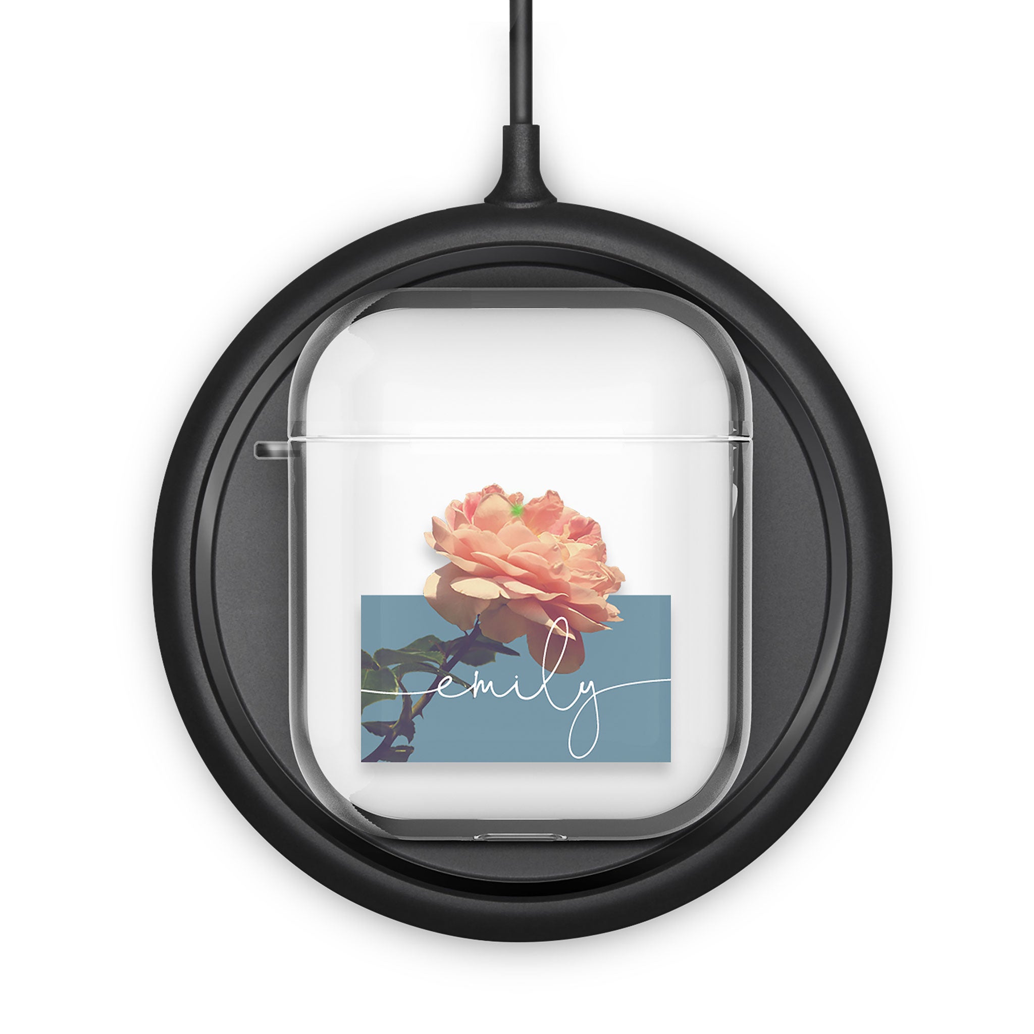 Personalised AirPods Case Clear Cover Custom Name Pink Rose Bloom