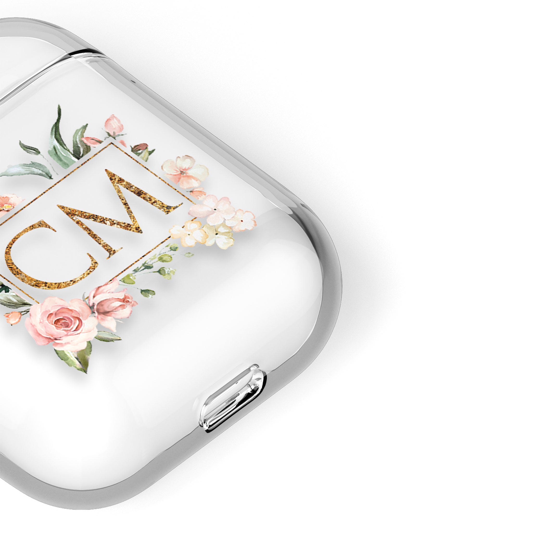 Personalised AirPods Case Clear Cover Custom Name Floral Vintage Roses Squared Monogram