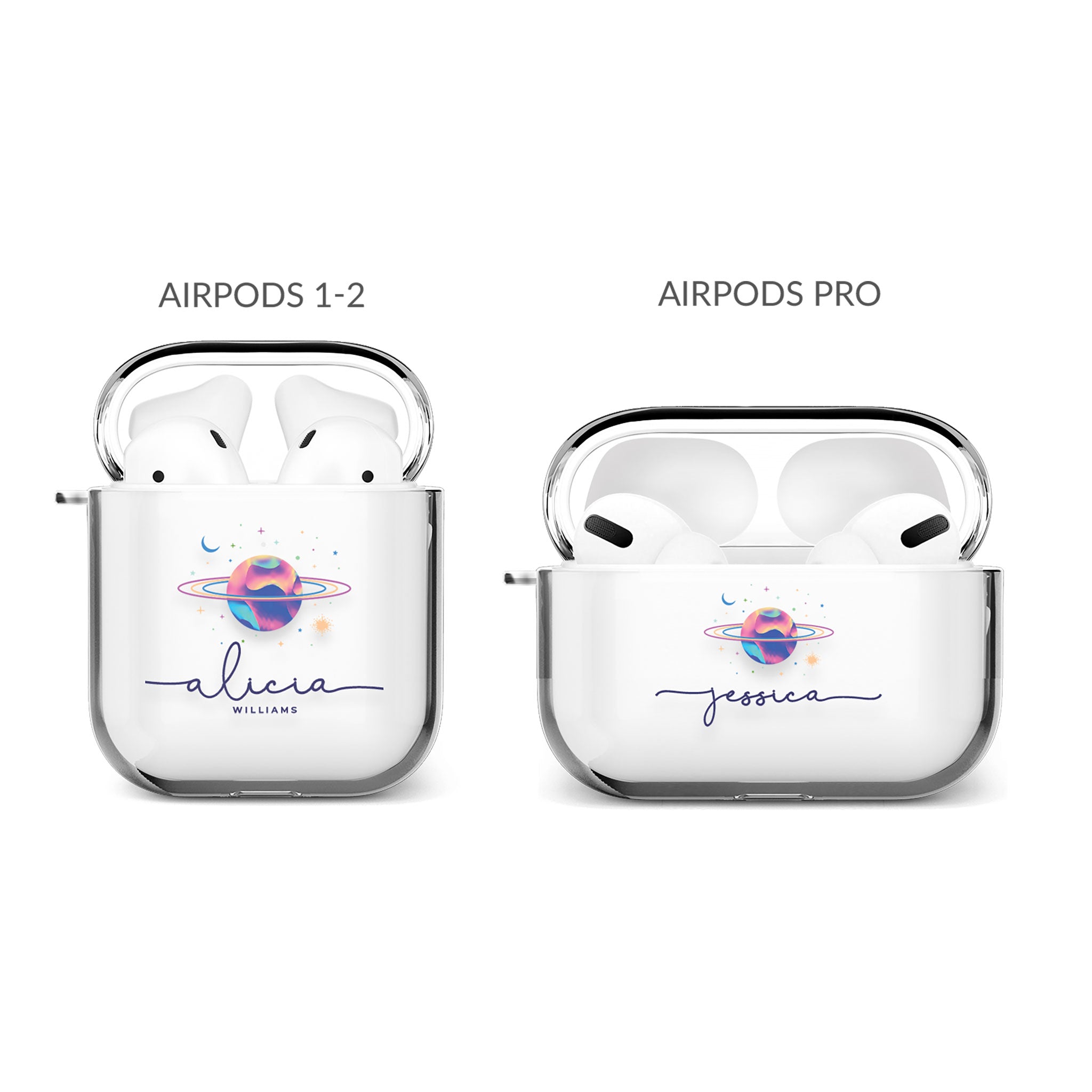 Personalised AirPods Case Clear Cover Custom Name Planet Colourful Iridescent