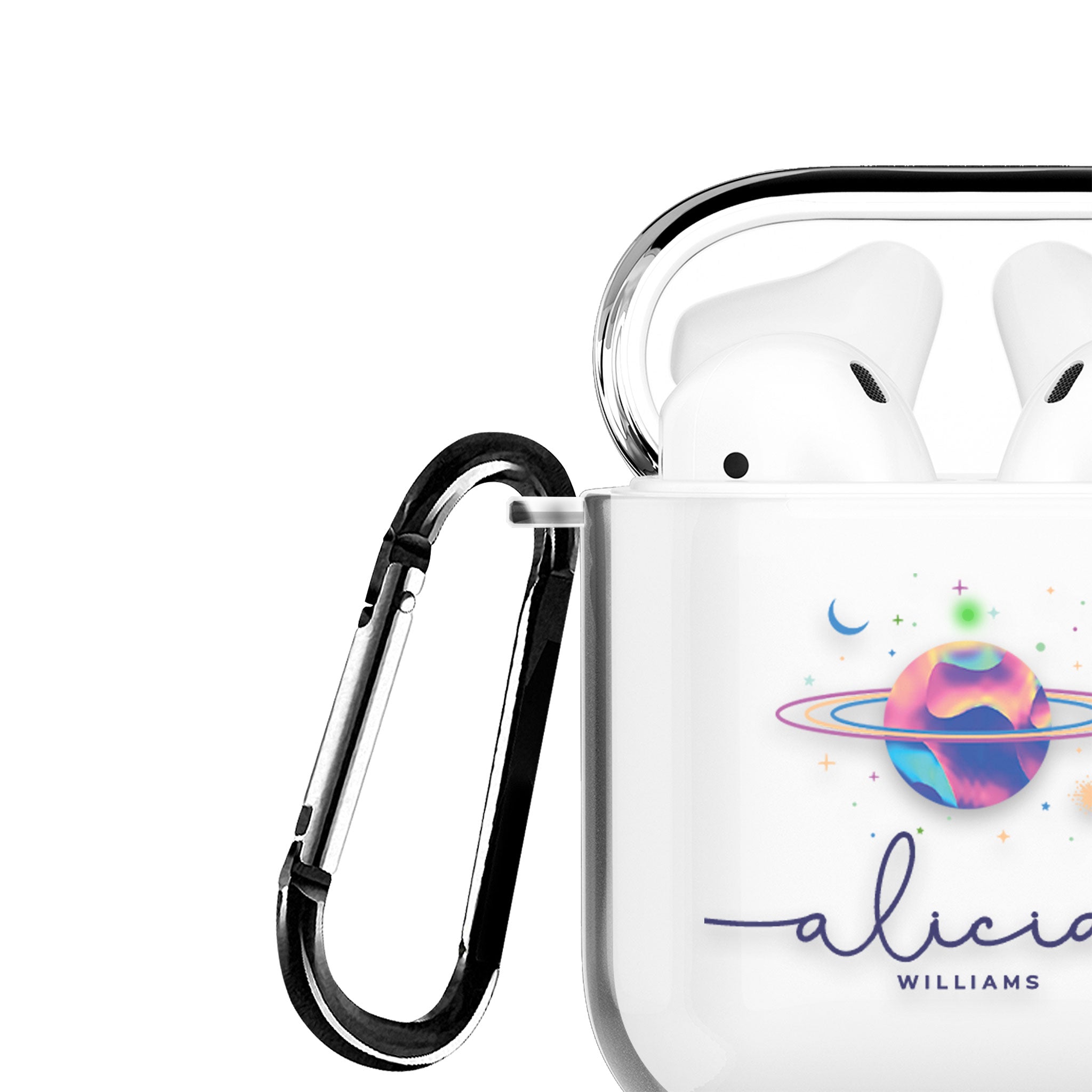Personalised AirPods Case Clear Cover Custom Name Planet Colourful Iridescent