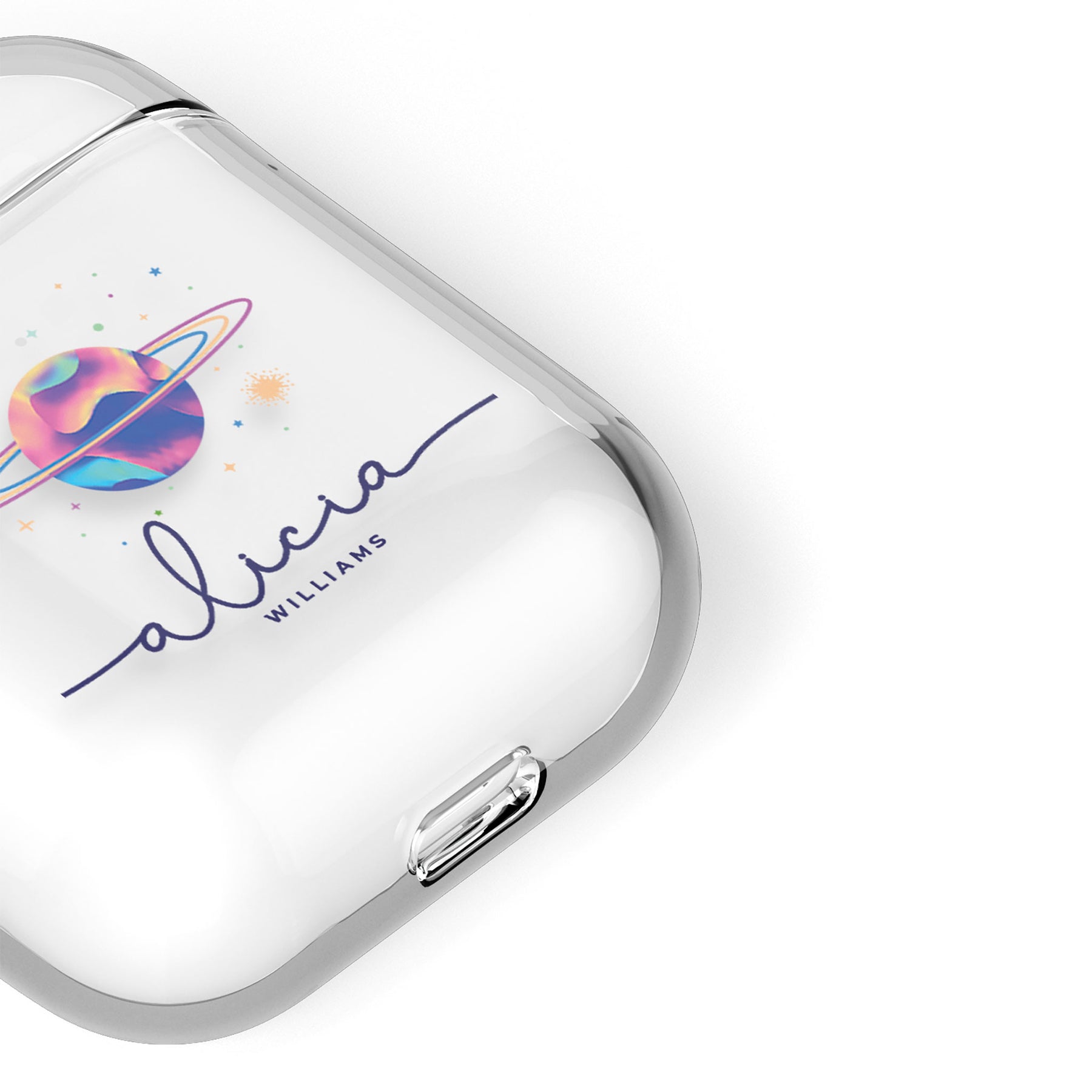 Personalised AirPods Case Clear Cover Custom Name Planet Colourful Iridescent