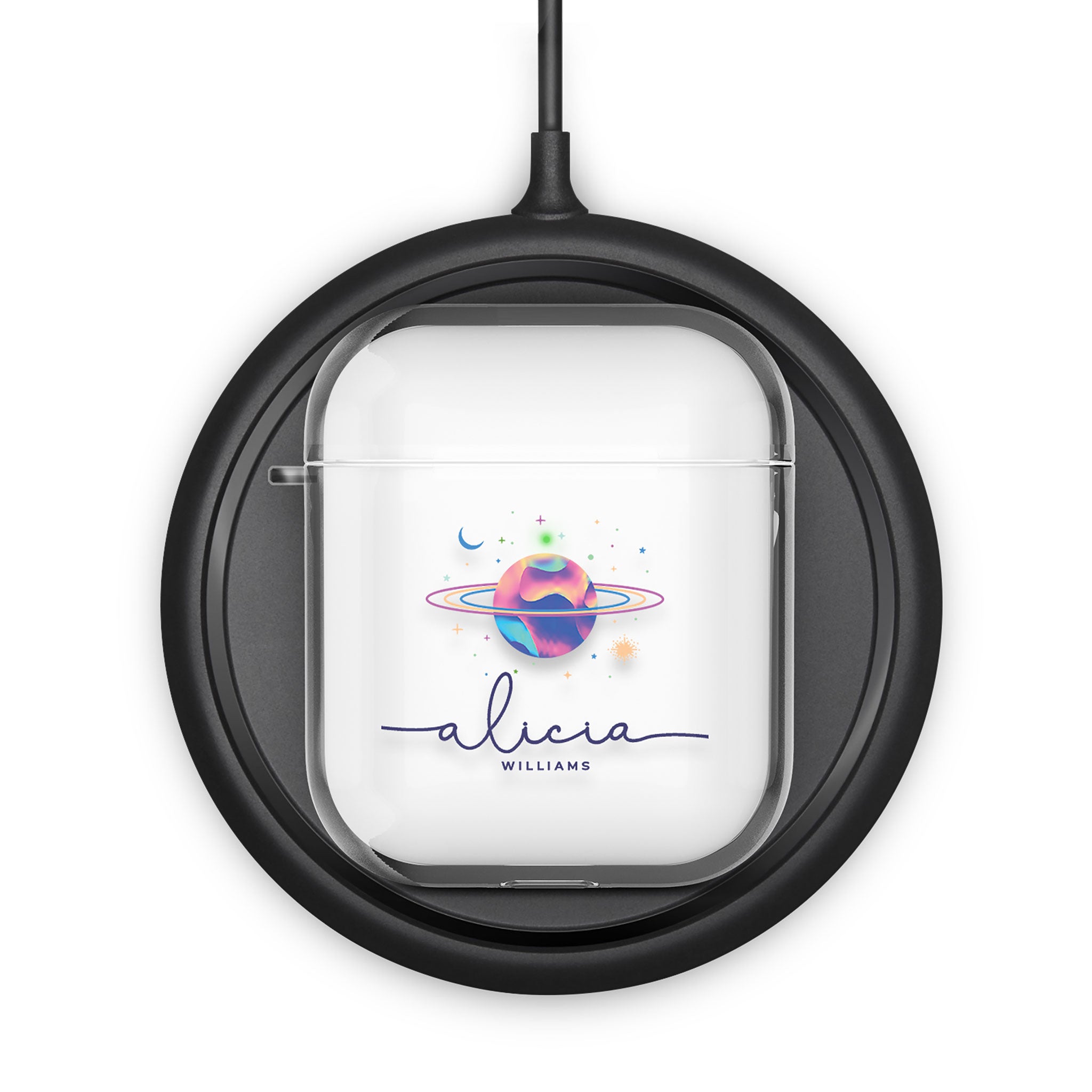 Personalised AirPods Case Clear Cover Custom Name Planet Colourful Iridescent