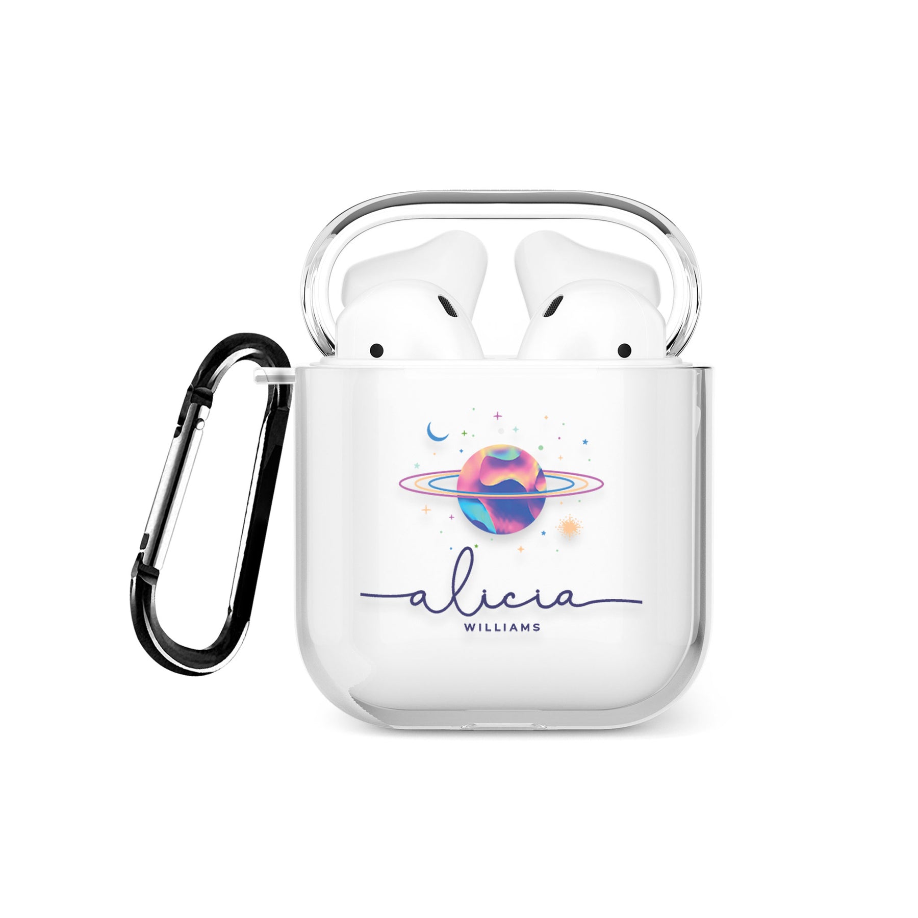 Personalised AirPods Case Clear Cover Custom Name Planet Colourful Iridescent