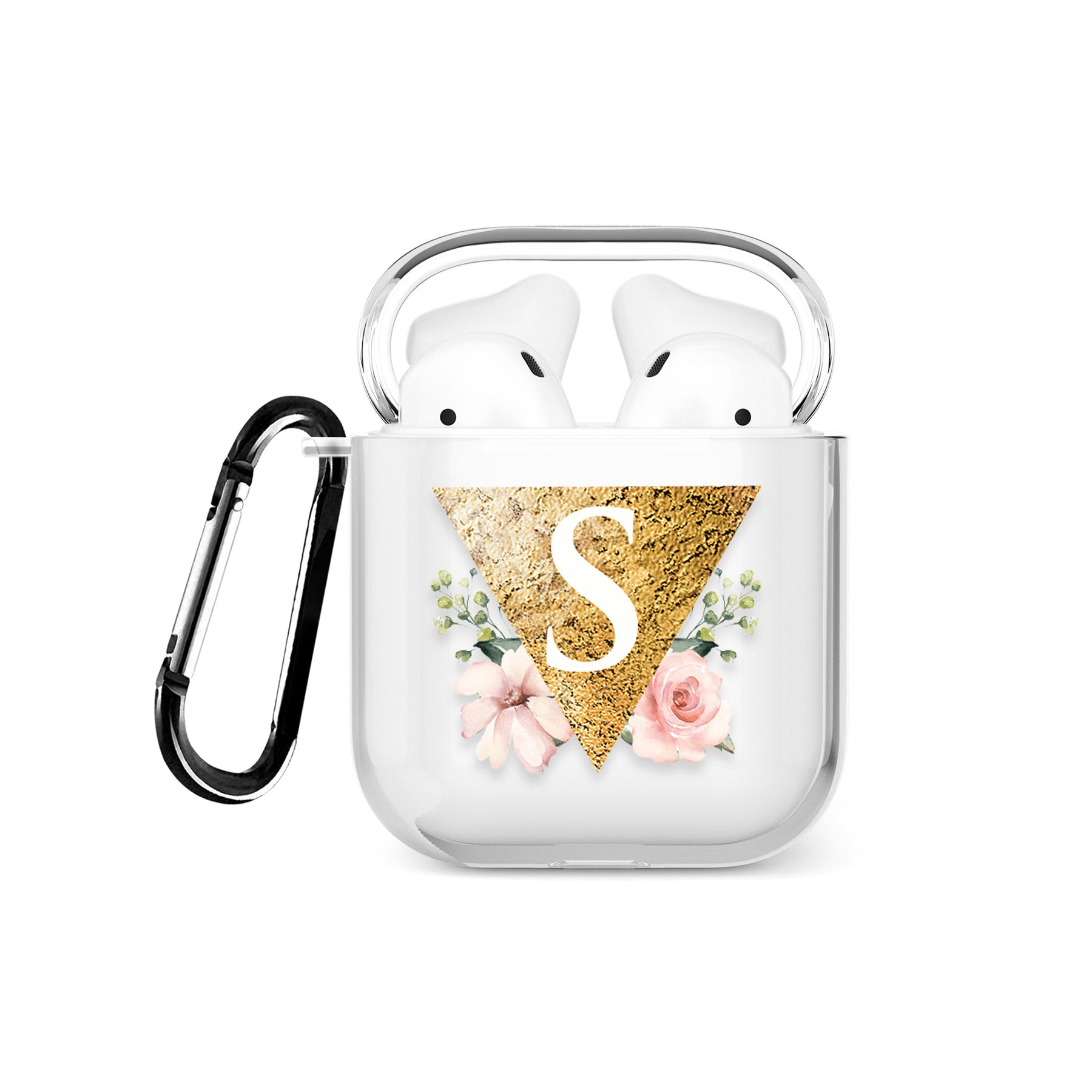 Personalised AirPods Case Clear Cover Custom Name Golden Triangle Floral Roses